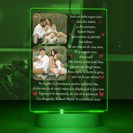 Lampi 3D personalizate - Lampa iluminata  3D cu baza din lemn 2 poze si text model Sunt un bebe super tare