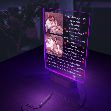 Lampa iluminata  3D cu baza din lemn 2 poze si text model Sunt un bebe super tare [6]