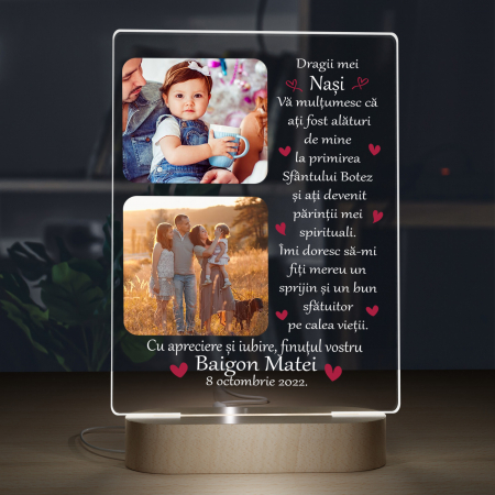 Lampa iluminata  3D cu baza din lemn 2 poze si text model pentru Nasi [2]
