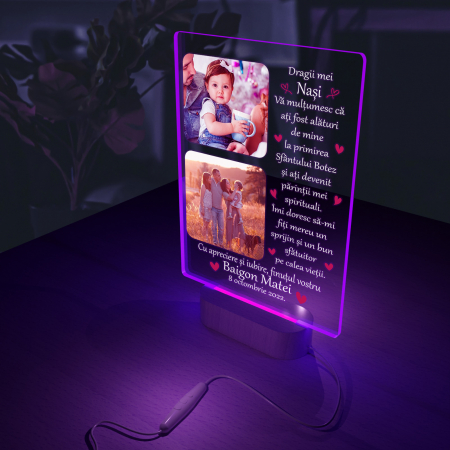 Lampa iluminata  3D cu baza din lemn 2 poze si text model pentru Nasi [6]