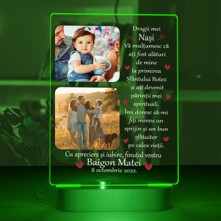 Lampi 3D personalizate - Lampa iluminata  3D cu baza din lemn 2 poze si text model pentru Nasi