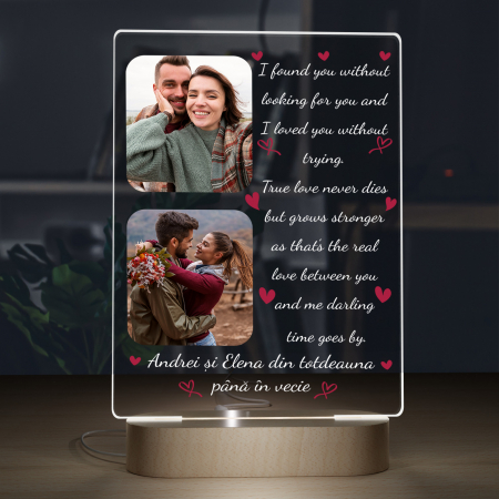 Lampi 3D personalizate - Lampa iluminata  3D cu baza din lemn 2 poze si text model pentru Indragostiti