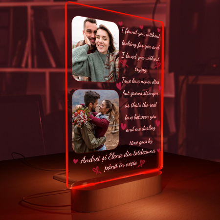 Lampa iluminata  3D cu baza din lemn 2 poze si text model pentru Indragostiti [5]