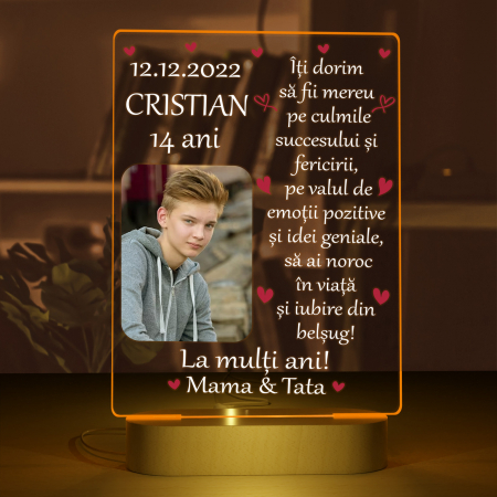 Lampi 3D personalizate - Lampa iluminata  3D cu baza din lemn o poza  text si data, model pentru copii