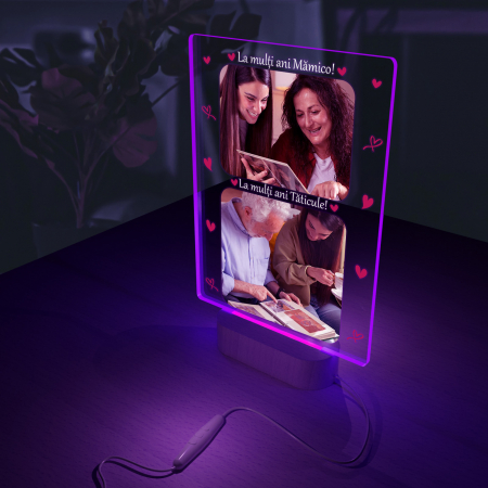 Lampi 3D personalizate - Lampa iluminata  3D cu baza din lemn o poza  text si data, model La multi ani mamico La multi ani taticule,pentru parinti
