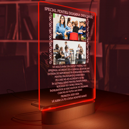 Lampi 3D personalizate - Lampa iluminata  3D cu baza din lemn 2 poze si text model pentru diriginta