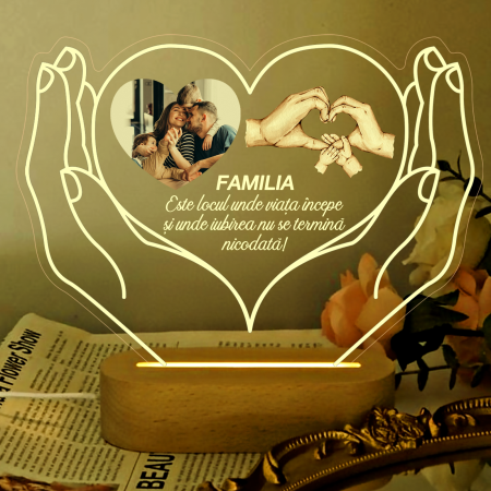 Lampa led  3D personalizata cu text si poza model Heart in love hands