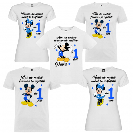 Tricouri Personalizate Taierea Motului - Pachet  Set de 5 tricouri aniversare pentru nasi, parinti si copil "Am un anisor si scap de motisor" model Mickey Mouse+Set tavita mot cu model Mickey Mouse