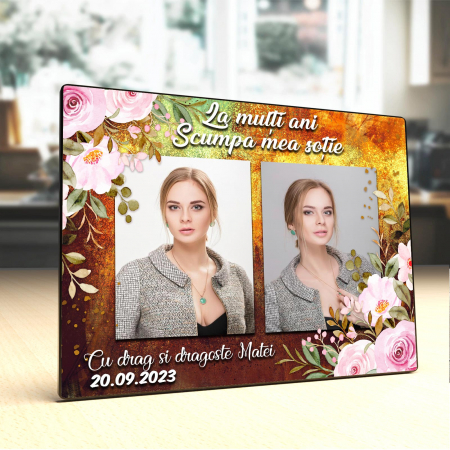 Panel foto lemn - Placheta Personalizata lemn La multi ani scumpa mea sotie doua poze cu nume