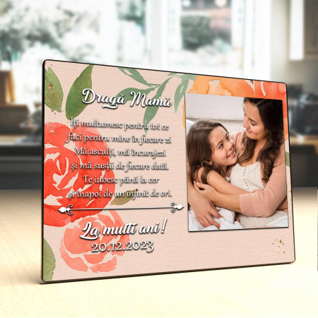 Placheta Personalizata lemn Draga Mama O poza ,Data si Mesaj