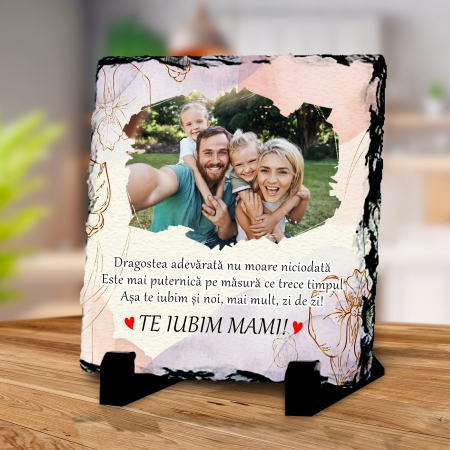 Plăci de ardezie personalizate - Placă de ardezie personalizată cu 1 poză Te iubim, Mami !