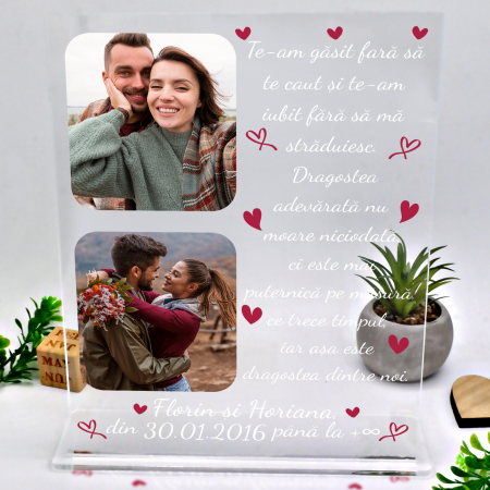 Plachete de sticla acrilica personalizata - Placheta personalizata cu 2 poze si text pentru cupluri