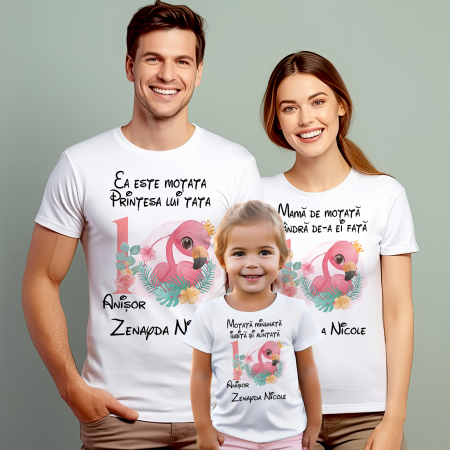 Tricouri Personalizate Taierea Motului - Set 5 tricouri Mot aniversare nasi, parinti si copil personalizate Flamingo