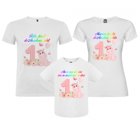 Tricouri Personalizate Taierea Motului - Set de 3 tricouri aniversare pentru mama,tata si copil personalizate cu Hippo