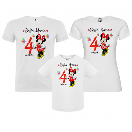Tricouri Personalizate Taierea Motului - Set de 3 tricouri aniversare pentru nasi, parinti si copil, personalizate cu nume si varsta model: Red Minnie Mouse