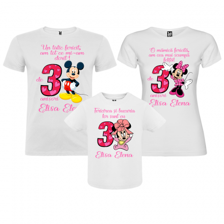Set de 3 tricouri aniversare pentru nasi,parinti si copil, personalizate cu nume,varsta si mesaj"Fericirea si bucuria lor sunt eu,Minnie" [0]