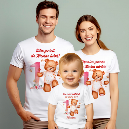 Tricouri Personalizate Taierea Motului - Set de 3 tricouri aniversare pentru parinti si copil, personalizate cu Ursulet bear