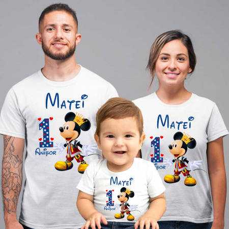 Tricouri Personalizate Taierea Motului - Set 3 tricouri mama, tata si copil personalizate cu nume si varsta "print Mickey"
