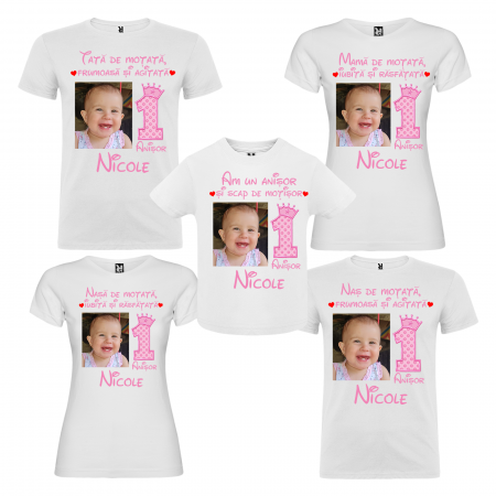 Set de 5 tricouri aniversare pentru nasi, parinti si copil, personalizate cu nume, varsta, mesaj si poza [0]