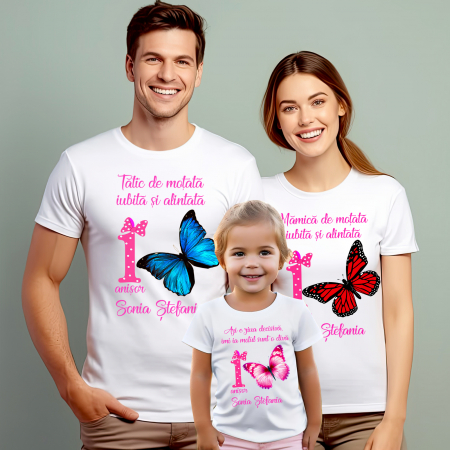 Tricouri Personalizate Taierea Motului - Set de 5 tricouri aniversare pentru nasi,parinti si copil,personalizate cu model fluture
