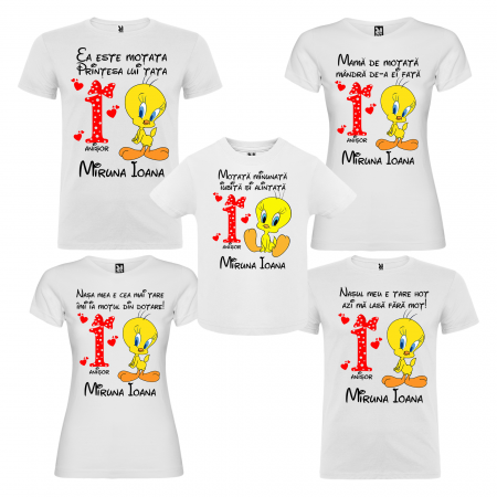 Set de 5 tricouri aniversare pentru nasi,parinti si copil,personalizate cu model Tweety [0]