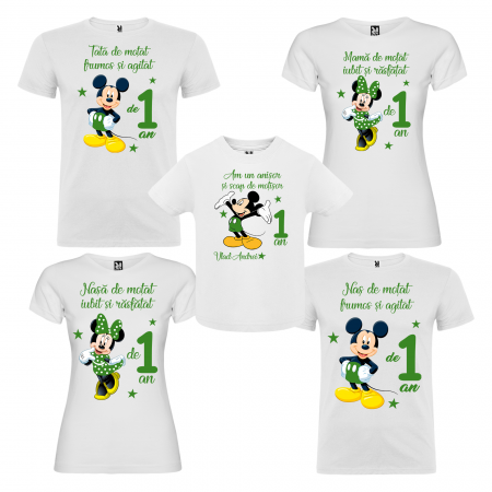Tricouri Personalizate Taierea Motului - Set de 5 tricouri aniversare pentru nasi,parinti si copil,personalizate cu Mickey verde