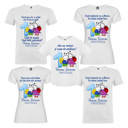 Tricouri Personalizate Taierea Motului - Set de 5 tricouri aniversare pentru nasi,parinti si copil,personalizate cu nume mama de motat"Bobita si Buburuza"