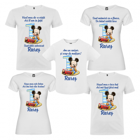 Tricouri Personalizate Taierea Motului - Set de 5 tricouri aniversare pentru nasi, parinti si copil, personalizate cu nume Sunt mamica ca o floare model cu Baby Mickey Mouse