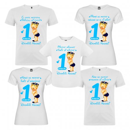 Tricouri Personalizate Taierea Motului - Set de 5 tricouri aniversare pentru nasi,parinti si copil,personalizate cu nume mama de motat"Baby King"