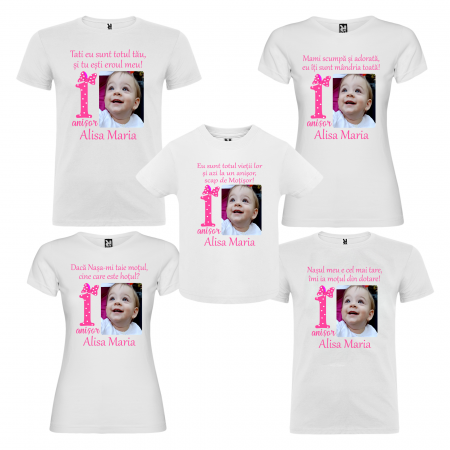 Tricouri Personalizate Taierea Motului - Set de 5 tricouri aniversare pentru nasi, parinti si copil, personalizate cu nume, varsta, mesaj si  poza ``Eu sunt totul vietii lor``
