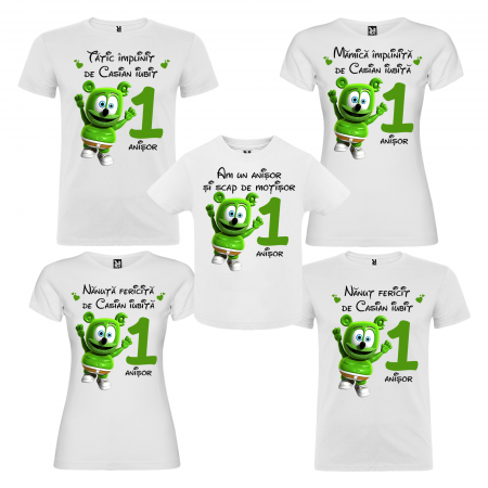 Set de 5 tricouri aniversare pentru nasi, parinti si copil, personalizate cu model Gummy Bear [0]