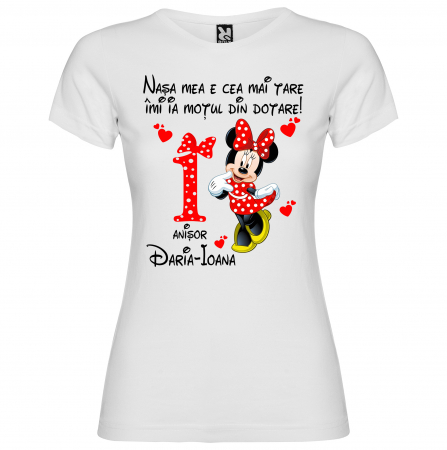 Set de 5 tricouri aniversare pentru nasi,parinti si copil, personalizate cu nume,varsta si mesaj"Motata minunata iubita si alintata,Minnie" [2]