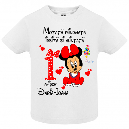 Set de 5 tricouri aniversare pentru nasi,parinti si copil, personalizate cu nume,varsta si mesaj"Motata minunata iubita si alintata,Minnie" [3]
