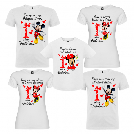 Tricouri Personalizate Taierea Motului - Set de 5 tricouri aniversare pentru nasi,parinti si copil, personalizate cu nume,varsta si mesaj"Motata minunata iubita si alintata,Minnie"