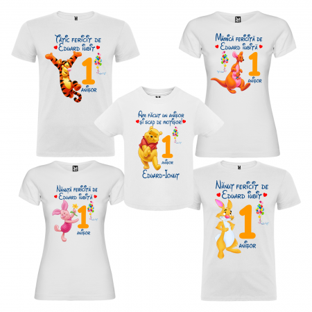 Set de 5 tricouri aniversare pentru nasi,parinti si copil, personalizate cu nume,varsta si mesaj,Winnie [0]