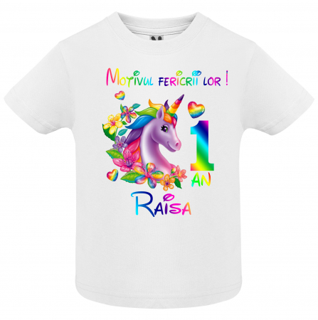 Set de 5 tricouri aniversare pentru nasi,parinti si copil, personalizate  cu nume,varsta si mesaj"Motivul fericirii lor,Unicorn" [1]