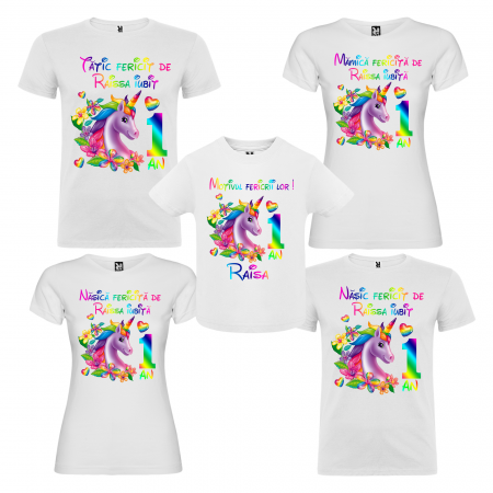 Set de 5 tricouri aniversare pentru nasi,parinti si copil, personalizate  cu nume,varsta si mesaj"Motivul fericirii lor,Unicorn" [0]