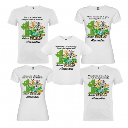 Set de 5 tricouri aniversare pentru nasi, parinti si copil, personalizate Jungla [1]