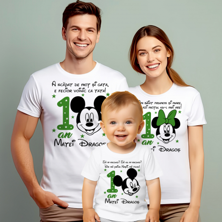 Tricouri Personalizate Taierea Motului - Set de 5 tricouri aniversare pentru nasi, parinti si copil, personalizate  Mickey 1 an verde