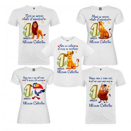 Set de 5 tricouri aniversare pentru nasi, parinti si copil, personalizate model Lion King [1]
