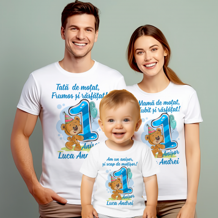 Tricouri Personalizate Taierea Motului - Set de 5 tricouri aniversare pentru nasi, parinti si copil, personalizate cu nume mama de motat model albastru cu Ursulet