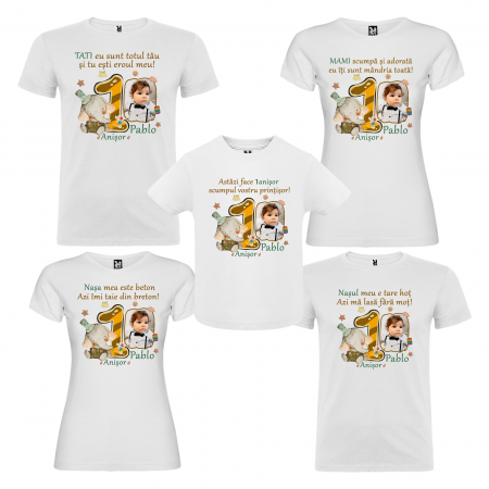Tricouri Personalizate Taierea Motului - Set de 5 tricouri aniversare pentru parinti, nasi si copil, personalizate cu nume, varsta, mesaj si poza. model ``Scumpul vostru Printisor``