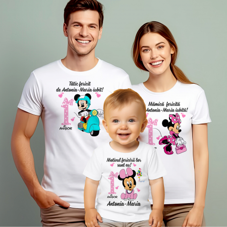 Tricouri Personalizate Taierea Motului - Set de 3 tricouri aniversare pentru parinti si copil, personalizate model Minnie
