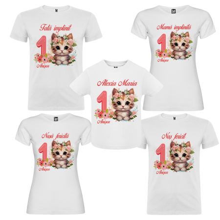 Set de 5 tricouri personalizate pentru nasi, parinti si copil Pisica Flori Roz [1]
