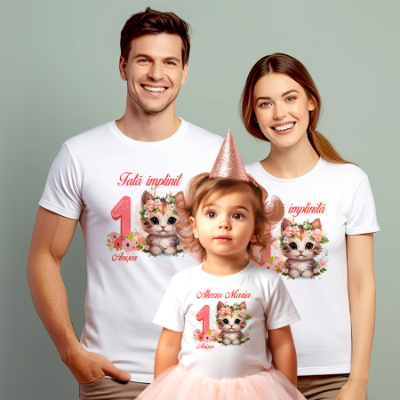 Tricouri Personalizate Taierea Motului - Set de 5 tricouri personalizate pentru nasi, parinti si copil Pisica Flori Roz