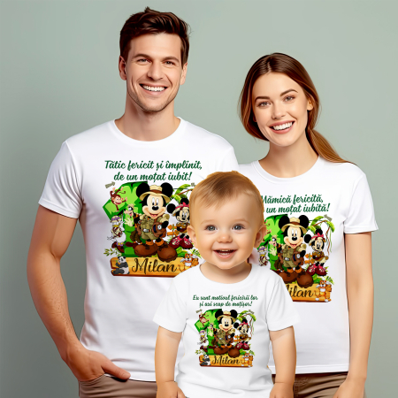 Tricouri Personalizate Taierea Motului - Set de 5 tricouri personalizate pentru nasi, parinti si copil Personaje Mickey jungla Safari