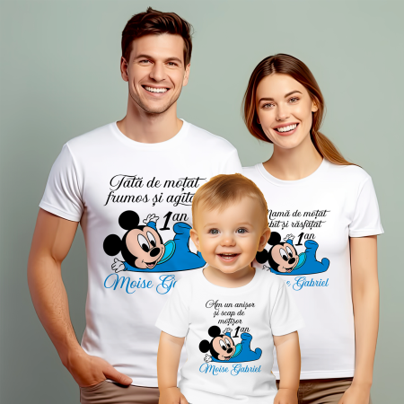 Tricouri Personalizate Taierea Motului - Set de 5 tricouri personalizate pentru nasi, parinti si copil Baby Mickey