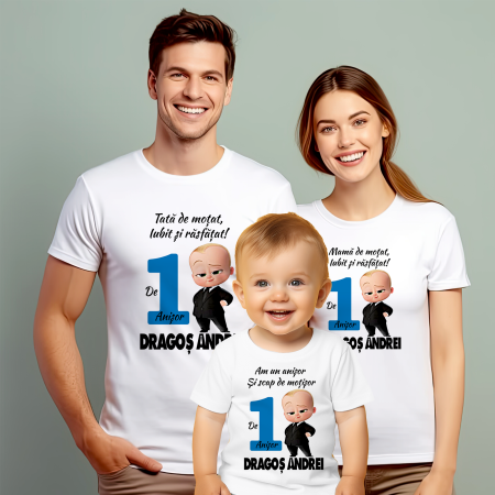 Tricouri Personalizate Taierea Motului - Set de 5 tricouri personalizate pentru nasi, parinti si copil Baby Boss