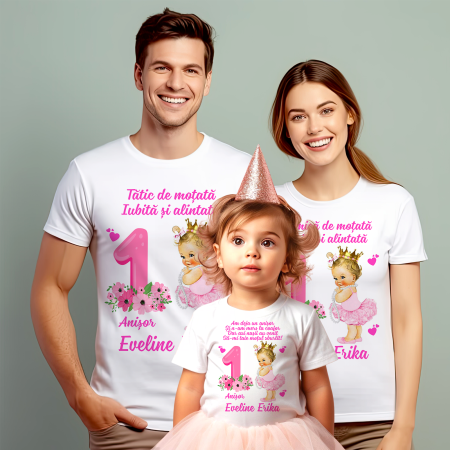 Tricouri Personalizate Taierea Motului - Set de 5 tricouri personalizate pentru nasi, parinti si copil cu Bebe Printesa