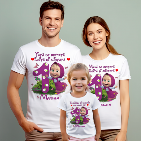 Tricouri Personalizate Taierea Motului - Set de 5 tricouri personalizate pentru nasi, parinti si copil MASHA cu Fluturi